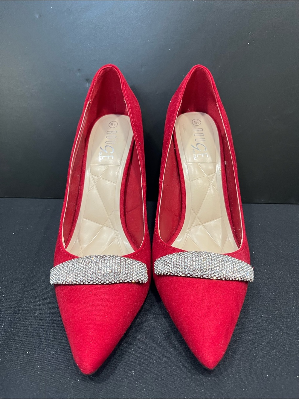 Rouge Helium Red Pointed-Toe Pumps with Crystal Strap